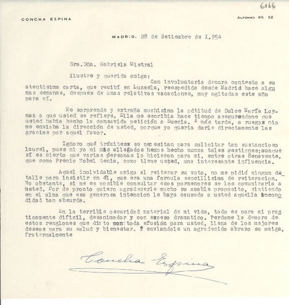 [Carta] 1954 sept. 28, Madrid, [España] [a] Gabriela Mistral
