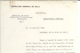 [Carta] 1937 jul. 23, Santiago [a] Cónsul de Chile, Lisboa