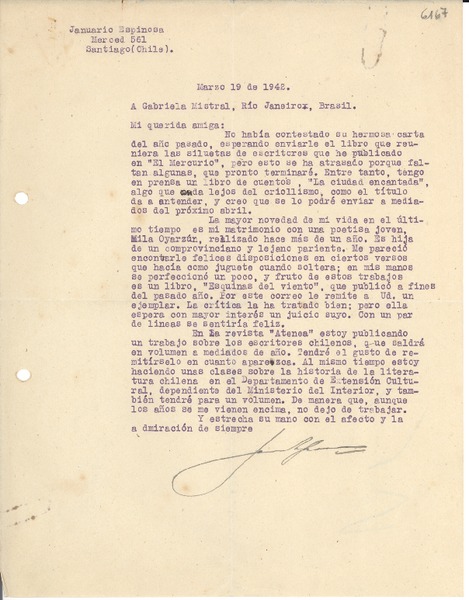 [Carta] 1942 mar. 19, Santiago, Chile [a] Gabriela Mistral, Río de Janeiro, Brasil