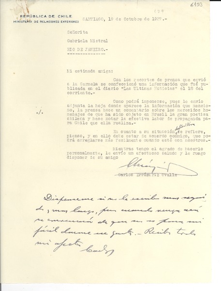 [Carta] 1937 oct. 19, Santiago [a] Gabriela Mistral, Río de Janeiro