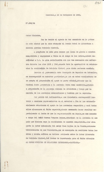 [Carta] 1945 nov. 16, Montreal [a] Gabriela Mistral