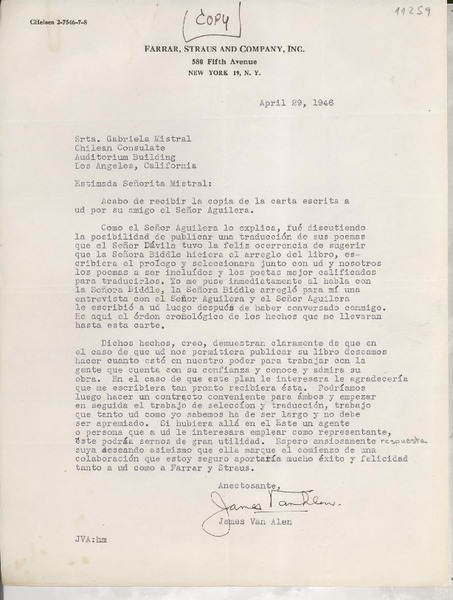 [Carta] 1946 abr. 29, New York [a] Gabriela Mistral, Los Ángeles, California