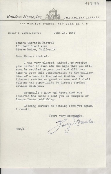 [Carta] 1946 June 14, New York, [EE.UU.] [a] Gabriela Mistral, Sierra Madre, California, [EE.UU.]
