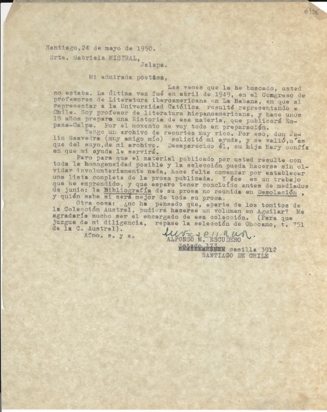 [Carta] 1950 mayo 24, Santiago de Chile [a] Gabriela Mistral, Jalapa