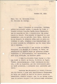 [Carta] 1942 out. 28, Rio de Janeiro, [Brasil] [al] Excmo. Snr. Dr. Marcondes Filho, DD. Ministro da Justina, Exma. Sra. Consul Gabriela Mistral