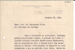 [Carta] 1942 out. 28, Rio de Janeiro, [Brasil] [al] Excmo. Snr. Dr. Marcondes Filho, DD. Ministro da Justina, Exma. Sra. Consul Gabriela Mistral