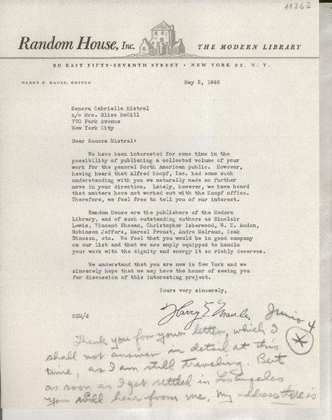 [Carta] 1946 May 2, New York [a] Gabriela Mistral, New York