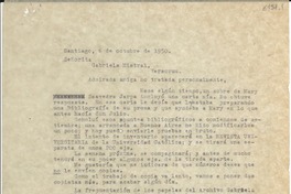 [Carta] 1950 oct. 6, Santiago de Chile [a] Gabriela Mistral, Veracruz