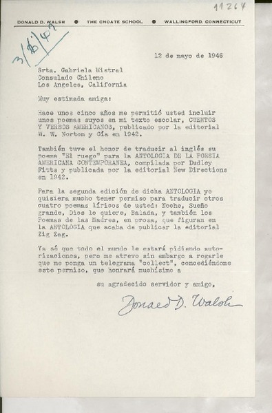 [Carta] 1946 mayo 12, Wallingford, Connecticut [a] Gabriela Mistral, Los Angeles, California