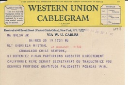 [Telegrama] 1946 jun. 20, B[uenos] Aires, [Argentina] [a] Gabriela Mistral, New York