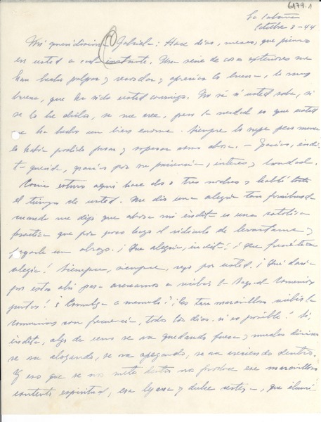 [Carta] 1944 oct. 3, [Puerto Rico] [a] Gabriela Mistral