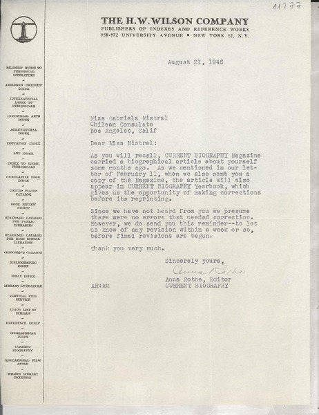 [Carta] 1946 Aug. 21, [New York], [EE.UU.] [a] Gabriela Mistral, Los Angeles, California, [EE.UU.]