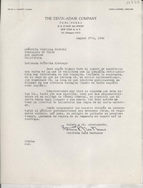 [Carta] 1946 Aug. 27, [New York], [EE.UU.] [a] Gabriela Mistral, Los Angeles, California, [EE.UU.]