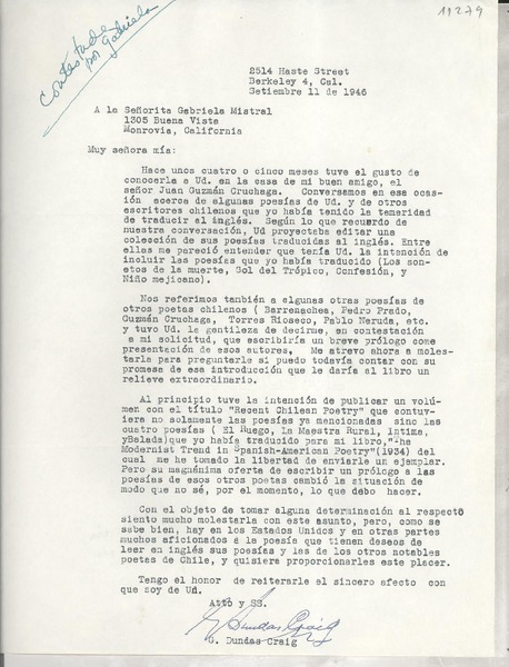 [Carta] 1946 sept. 11, Berkeley, California, [EE.UU.] [a] Gabriela Mistral, Monrovia, California, [EE.UU.]