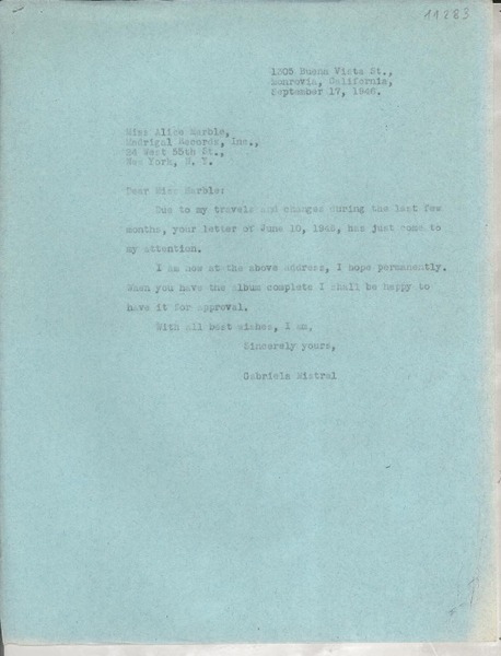[Carta] 1946 Sept. 17, Monrovia, California, [EE.UU.] [a] Alice Marble, New York, [EE.UU.]