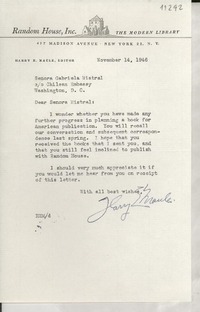 [Carta] 1946 Nov. 14, New York [a] Gabriela Mistral, Washington D. C.