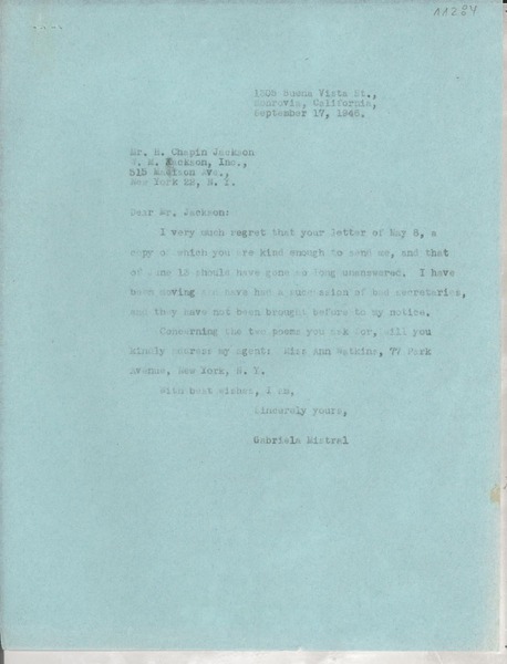 [Carta] 1946 Sept. 17, Monrovia, California, [EE.UU.] [a] H. Chapin Jackson, New York, [EE.UU.]