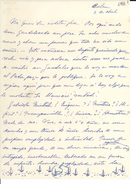 [Carta] 1947 abr. 2, Bethlehem, Pennsylvania [a] Gabriela Mistral