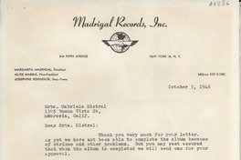 [Carta] 1946 Oct. 3, New York, [EE.UU.] [a] Gabriela Mistral, Monrovia, Calif[ornia], [EE.UU.]