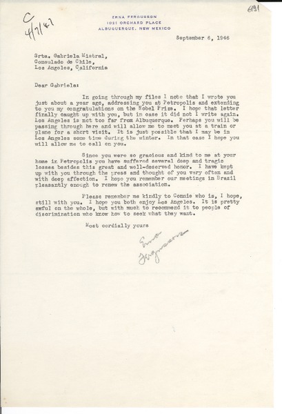 [Carta] 1946 sept. 6, Albuquerque, New Mexico [a] Gabriela Mistral, Los Ángeles, California