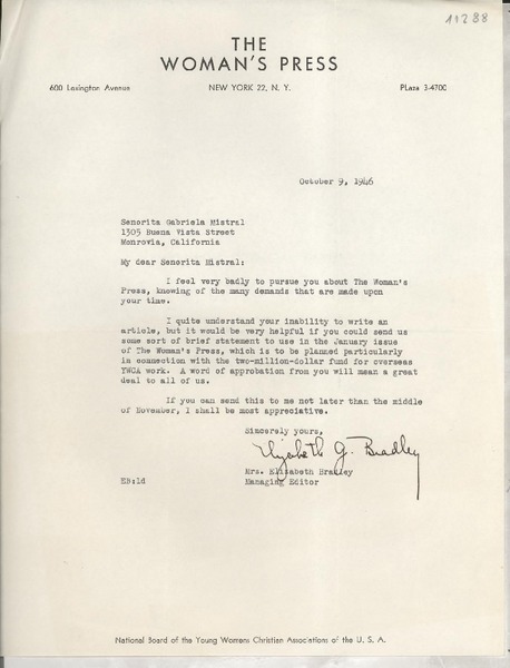 [Carta] 1946 Oct. 9, New York, [EE.UU.] [a] Gabriela Mistral, Monrovia, California, [EE.UU.]