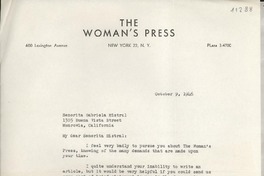 [Carta] 1946 Oct. 9, New York, [EE.UU.] [a] Gabriela Mistral, Monrovia, California, [EE.UU.]
