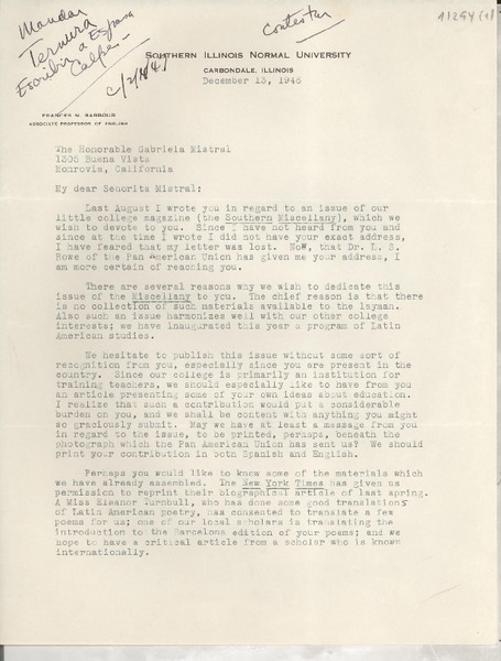 [Carta] 1946 Dec. 13, Carbondale, Illinois [a] Gabriela Mistral, Monrovia, California