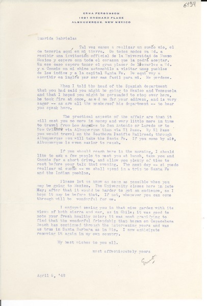 [Carta] 1948 abr. 6, Albuquerque, New Mexico [a] Gabriela Mistral