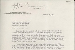 [Carta] 1947 Jan. 28, [Maryland] [a] Gabriela Mistral, Monrovia, California
