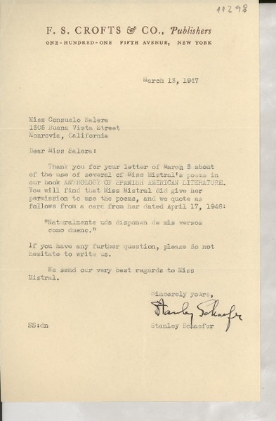 [Carta] 1947 Mar. 13, New York [a] Consuelo Saleva, Monrovia, California