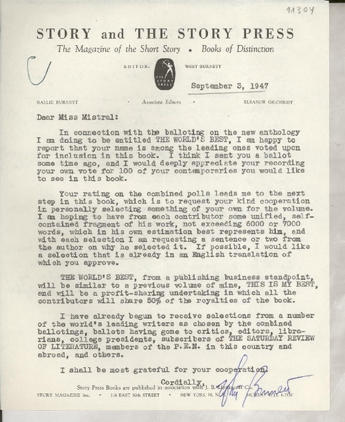 [Carta] 1947 Sept. 3, [New York] [a] Gabriela Mistral