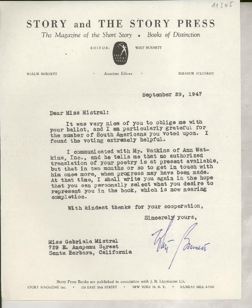 [Carta] 1947 Sept. 9, New York, [EE.UU.] [a] Gabriela Mistral, Santa Barbara, California, [EE.UU.]