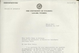[Carta] 1947 Dec. 10, Laramie, Wyoming, [EE.UU.] [a] Lucila Godoy de [sic] Alcayaga, Santiago, Chile