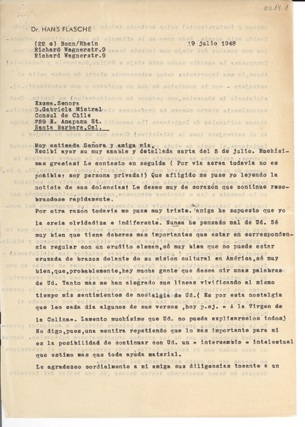[Carta] 1948 jul. 19, Bonn, [Alemania] [a] Gabriela Mistral, Santa Barbara, Cal[ifornia]