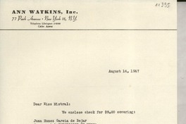 [Carta] 1947 Aug. 14, New York, [EE.UU.] [a] Gabriela Mistral, Santa Barbara, Calif[ornia], [EE.UU.]