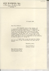 [Carta] 1947 Aug. 28, New York, [EE.UU.] [a] Gabriela Mistral, Santa Barbara, Calif[ornia], [EE.UU.]