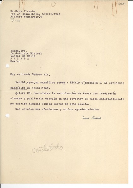 [Carta] 1949 ago. 5, Bonn, [Alemania] [a] Gabriela Mistral, Jalapa, México