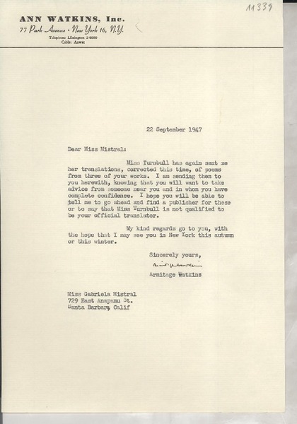 [Carta] 1947 Sept. 22, New York, [EE.UU.] [a] Gabriela Mistral, Santa Barbara, Calif[ornia], [EE.UU.]