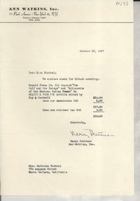 [Carta] 1947 Oct. 22, New York, [EE.UU.] [a] Gabriela Mistral, Santa Barbara, Calif[ornia], [EE.UU.]