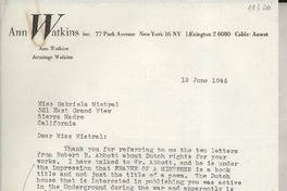 [Carta] 1946 June 12, [New York, EE.UU.] [a] Gabriela Mistral, Sierra Madre, California