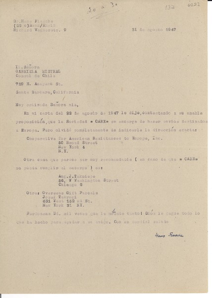 [Carta] 1947 ago. 31, Bonn, [Alemania] [a] Gabriela Mistral, Santa Barbara, California