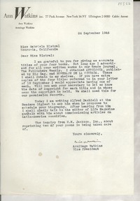 [Carta] 1946 Sept. 26, [New York, EE.UU.] [a] Gabriela Mistral, Monrovia, California