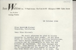 [Carta] 1946 Oct. 16, [New York, EE.UU.] [a] Gabriela Mistral, Monrovia, California