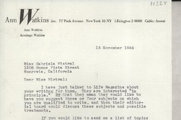 [Carta] 1946 Nov. 13, [New York, EE.UU.] [a] Gabriela Mistral, Monrovia, California