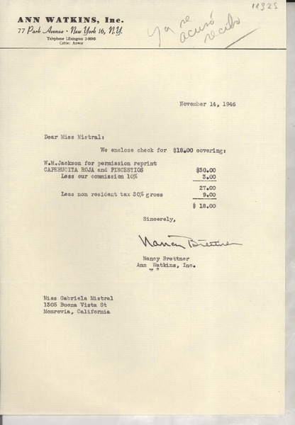 [Carta] 1946 Nov. 14, [New York] [a] Gabriela Mistral, Monrovia, California