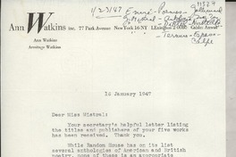 [Carta] 1947 Jan. 16, [New York, EE.UU.] [a] Gabriela Mistral, Monrovia, California