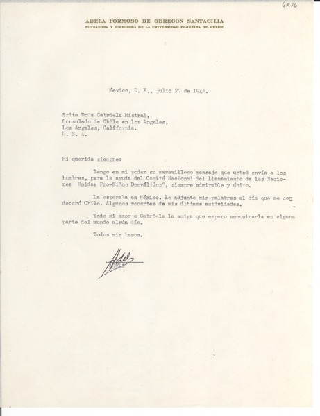 [Carta] 1948 jul. 27, México D.F. [a] Gabriela Mistral, Los Angeles, California