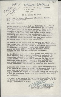 [Carta] 1947 ene. 20, [Atlanta] [a] Gabriela Mistral, Monrovia, California