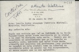 [Carta] 1947 ene. 20, [Atlanta] [a] Gabriela Mistral, Monrovia, California
