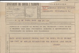 [Telegrama] 1945 nov. 18, Truro, [Massachusetts], [EE.UU.] [a] Gabriela Mistral, Petrópolis, RJ, [Brasil]